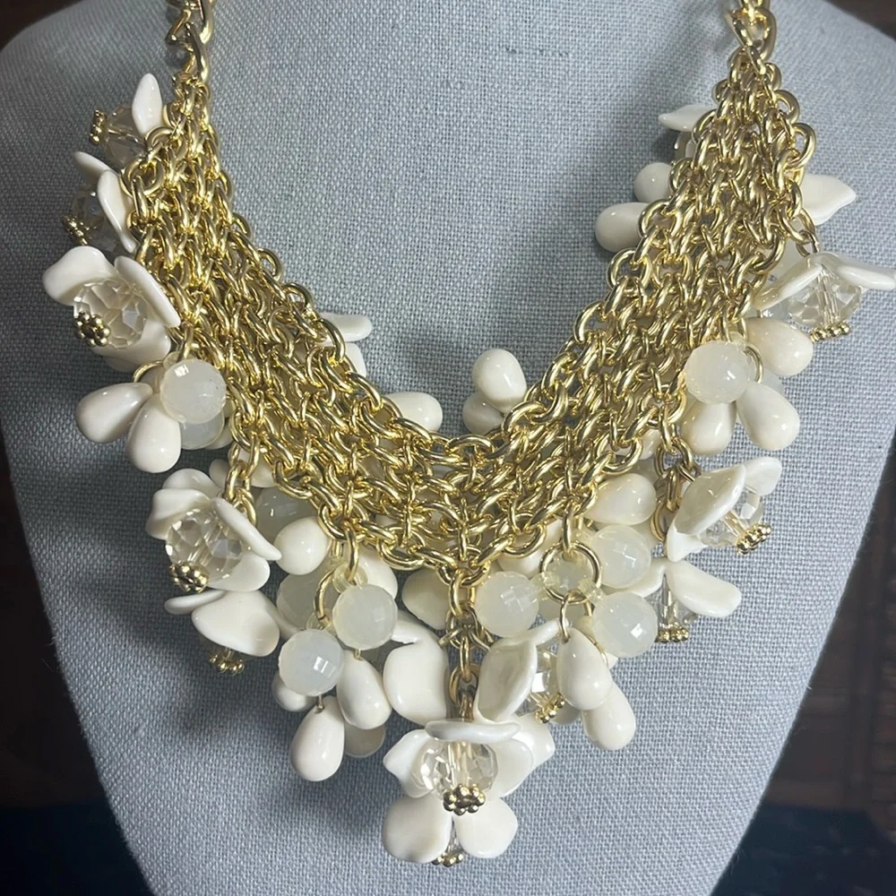 Talbots Floral Beaded Cluster Necklace in Creamy White and Gold - Picture 5 of 9